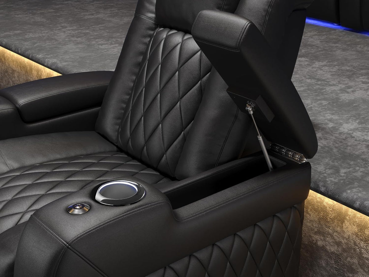 Valencia Tuscany Home Theater Seat - Nappa Leather Power Recliner with Cool Gel Memory Foam, USB-C/A Charging, RGB LED Lights, Adjustable Lumbar & Headrest (Single Recliner,Black)