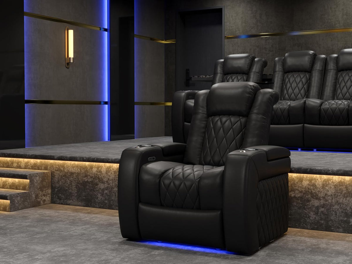 Valencia Tuscany Home Theater Seat - Nappa Leather Power Recliner with Cool Gel Memory Foam, USB-C/A Charging, RGB LED Lights, Adjustable Lumbar & Headrest (Single Recliner,Black)
