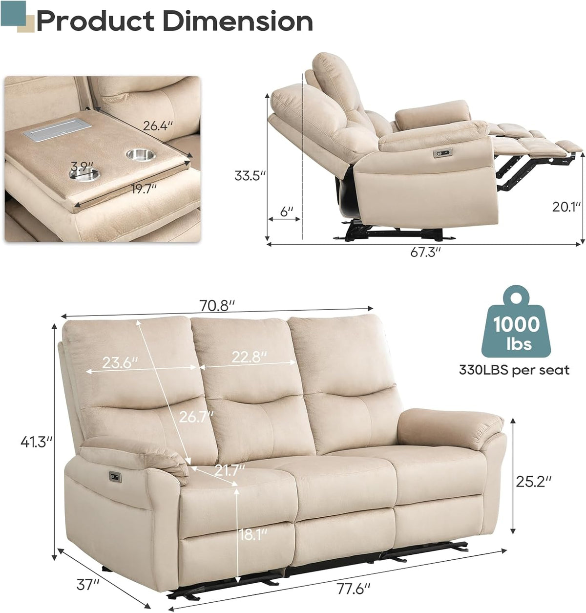 Power Reclining Sofa, Electric Reclining Couch with Flip Middle Backrest, Cup Holder & USB Type C, Skin- Friendly Recliner Sofa for Living Room, Home Theater Seat (Beige)