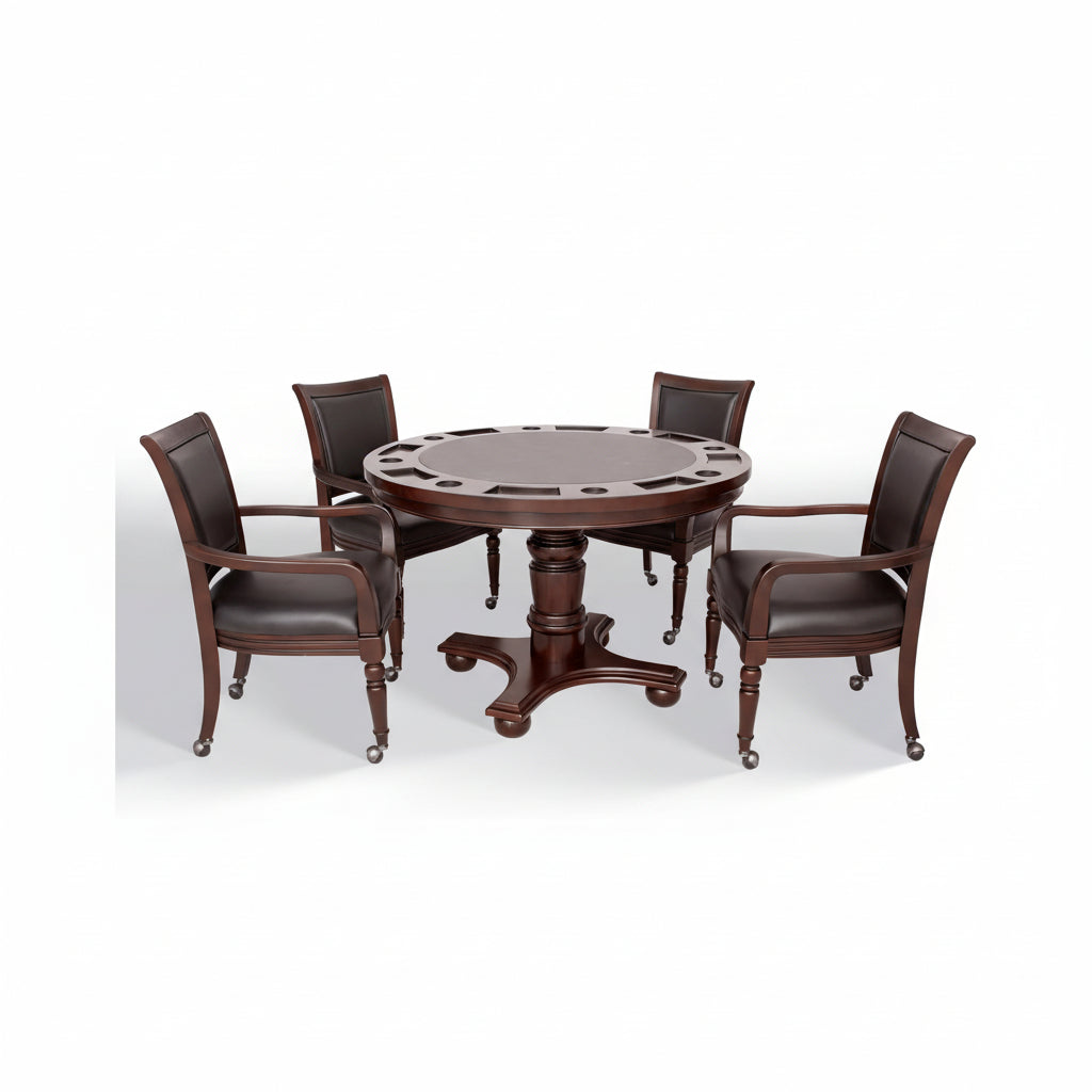 Bridgeport 2 in 1 round Poker Table and Chairs Set for Dining & Game Rooms – Furniture Grade Hardwood, Sturdy Pedestal Legs, Drink Holders, Chip Slots – Includes 4 Poker Table Chairs - Walnut