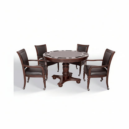 Bridgeport 2 in 1 round Poker Table and Chairs Set for Dining & Game Rooms – Furniture Grade Hardwood, Sturdy Pedestal Legs, Drink Holders, Chip Slots – Includes 4 Poker Table Chairs - Walnut