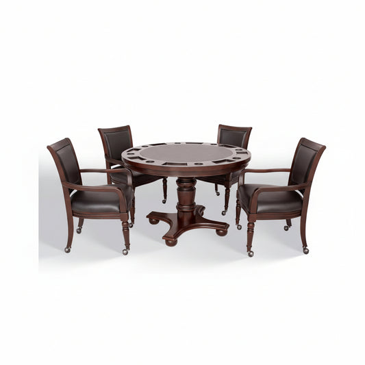 Bridgeport 2 in 1 round Poker Table and Chairs Set for Dining & Game Rooms – Furniture Grade Hardwood, Sturdy Pedestal Legs, Drink Holders, Chip Slots – Includes 4 Poker Table Chairs - Walnut