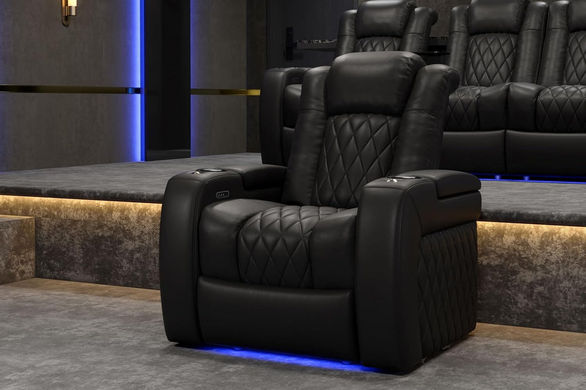 Valencia Tuscany Home Theater Seat - Nappa Leather Power Recliner with Cool Gel Memory Foam, USB-C/A Charging, RGB LED Lights, Adjustable Lumbar & Headrest (Single Recliner,Black)