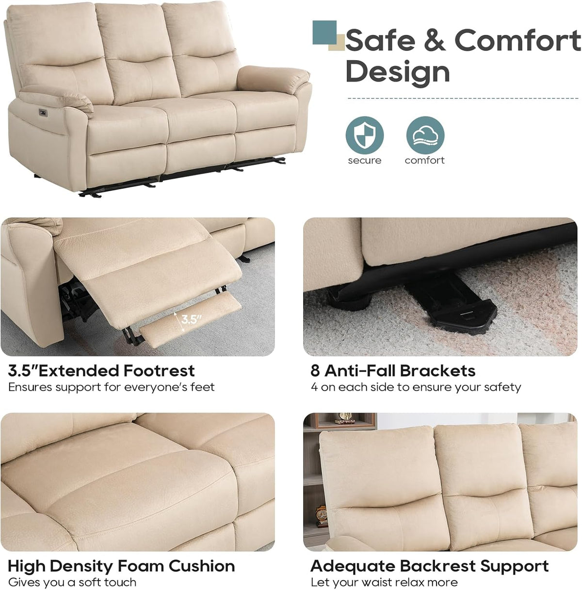 Power Reclining Sofa, Electric Reclining Couch with Flip Middle Backrest, Cup Holder & USB Type C, Skin- Friendly Recliner Sofa for Living Room, Home Theater Seat (Beige)