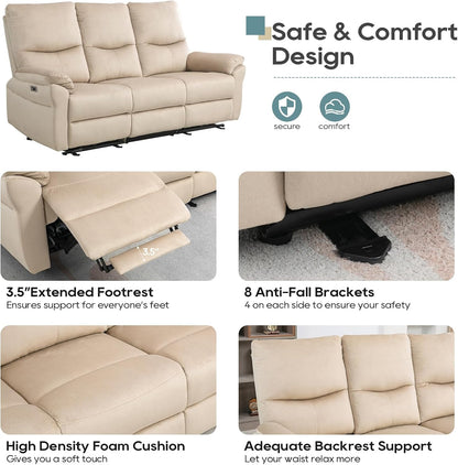 Power Reclining Sofa, Electric Reclining Couch with Flip Middle Backrest, Cup Holder & USB Type C, Skin- Friendly Recliner Sofa for Living Room, Home Theater Seat (Beige)